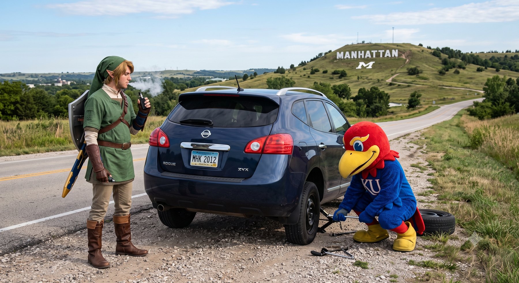 Link and the Jayhawk changing a tire on the road to Manhattan, KS